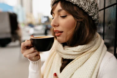 drinking hot coffee
